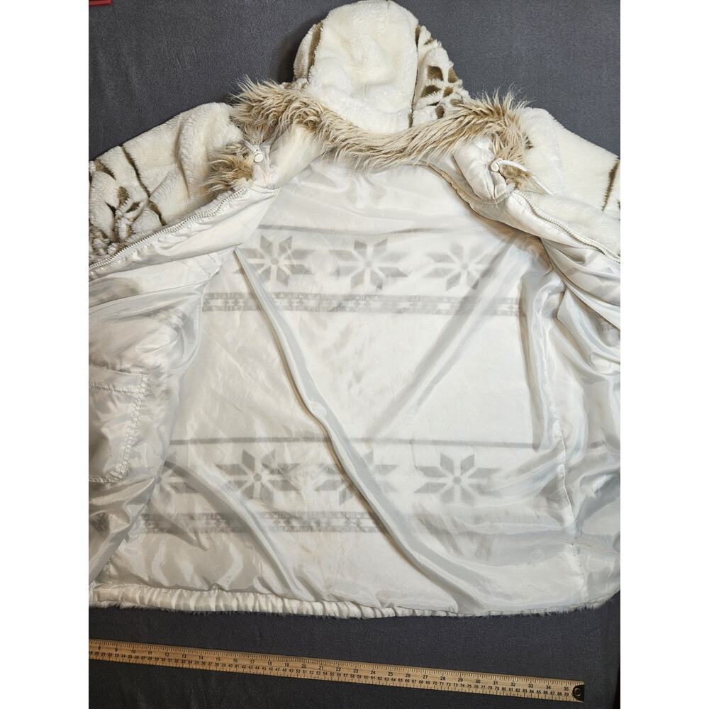 Vintage Jacket Coat Womens Medium - Large White Snowflake Faux Fur With Hood - Picture 5 of 9